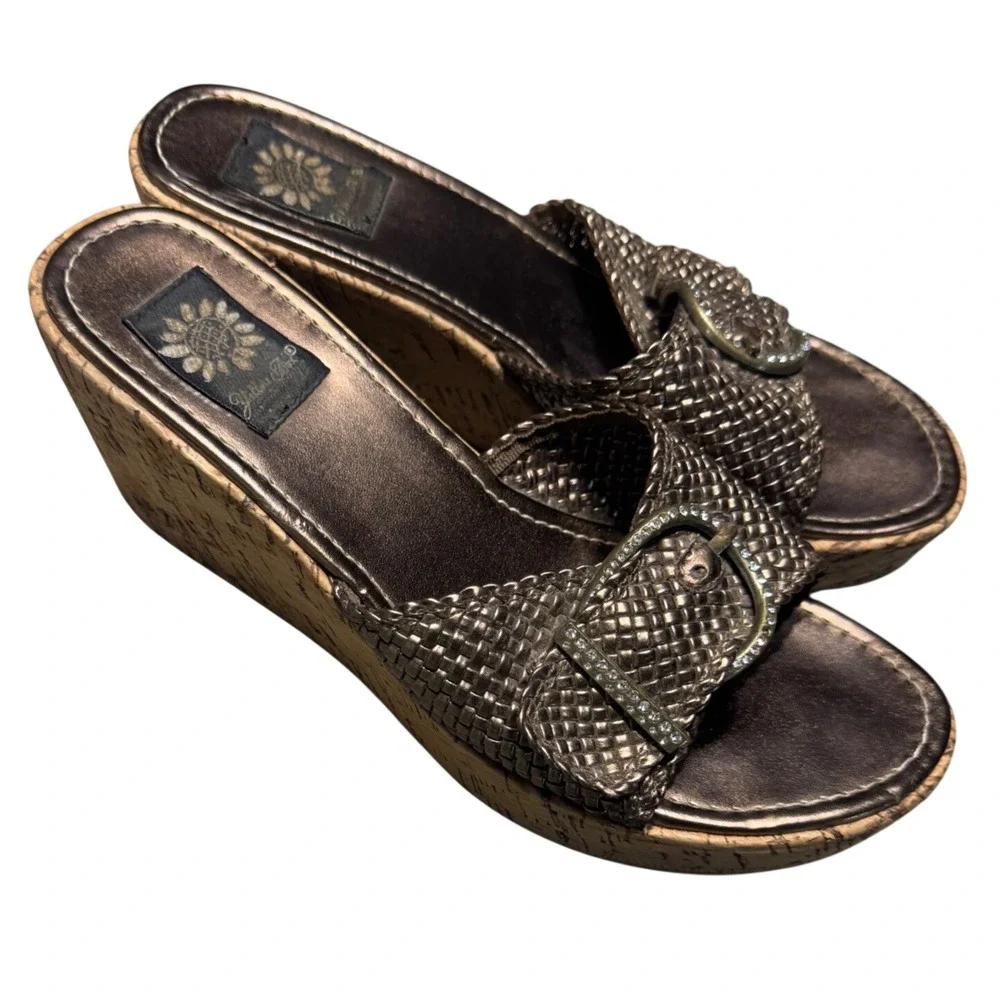 Yellow Box Womens 8.5 Sandals Metallic Bronze Rhinestone Cork Boho Y2K